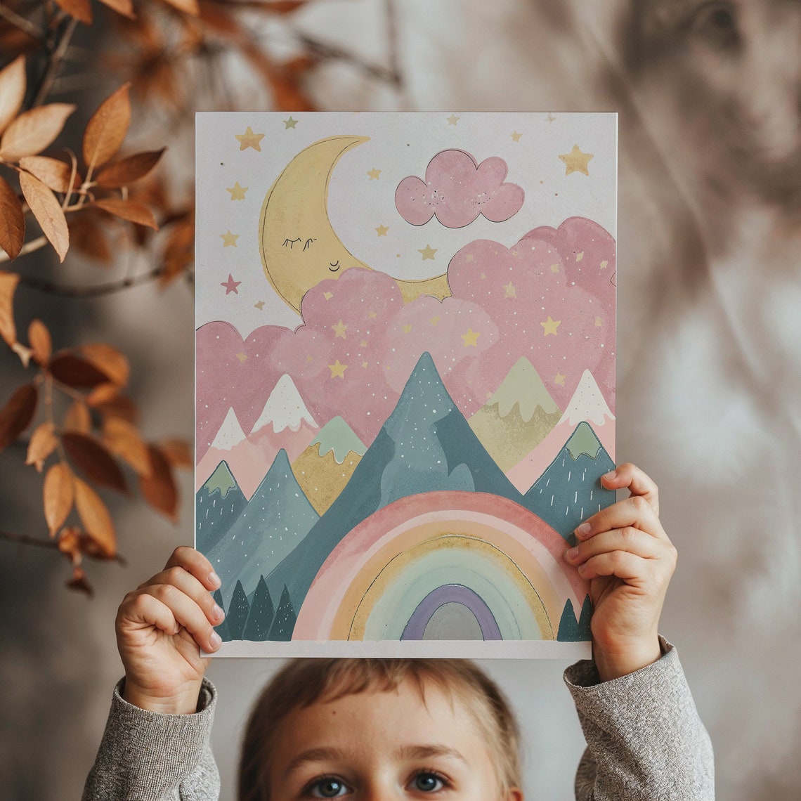Rainbow Mountain And Moon Nursery Wall Art Whimsical Landscape Kids Posters Decor Pastel Starry Sky Decor - Image 2
