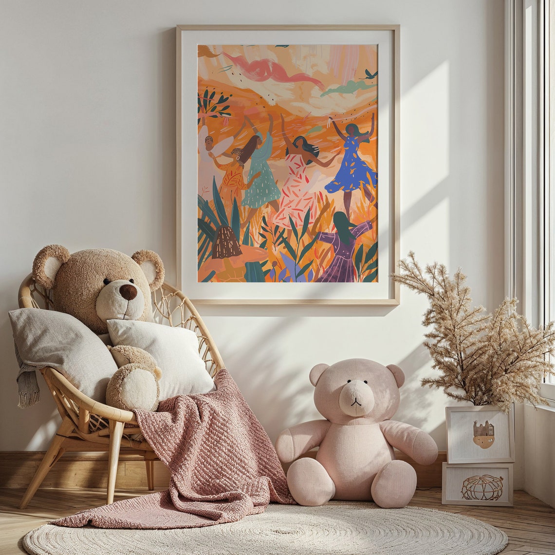 Joyful Women Dancing Garden Warm Tones Kids Room Wall Art Poster - Image 3