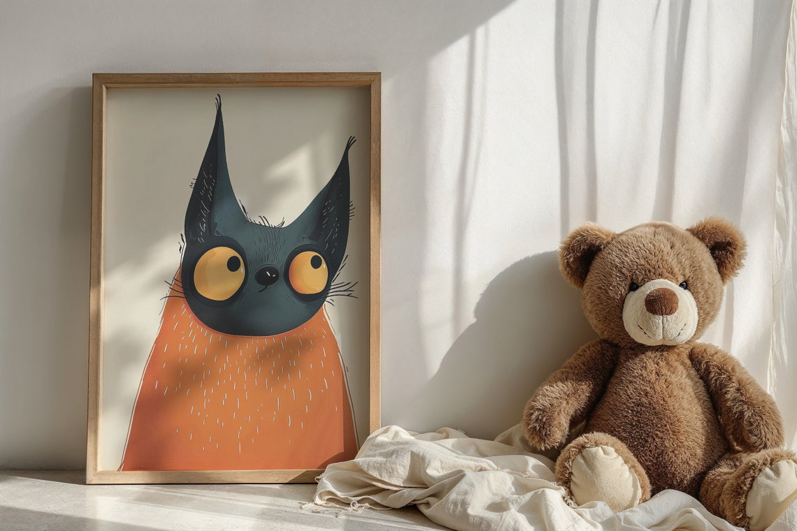 Quirky Black Cat With Big Yellow Eyes Cute Orange Body Art Print - Image 5