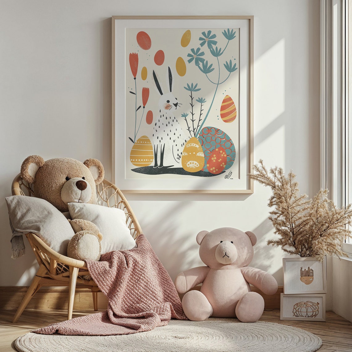 Easter Bunny Tulips Patterned Eggs Mid Century Kids Room Poster - Image 3