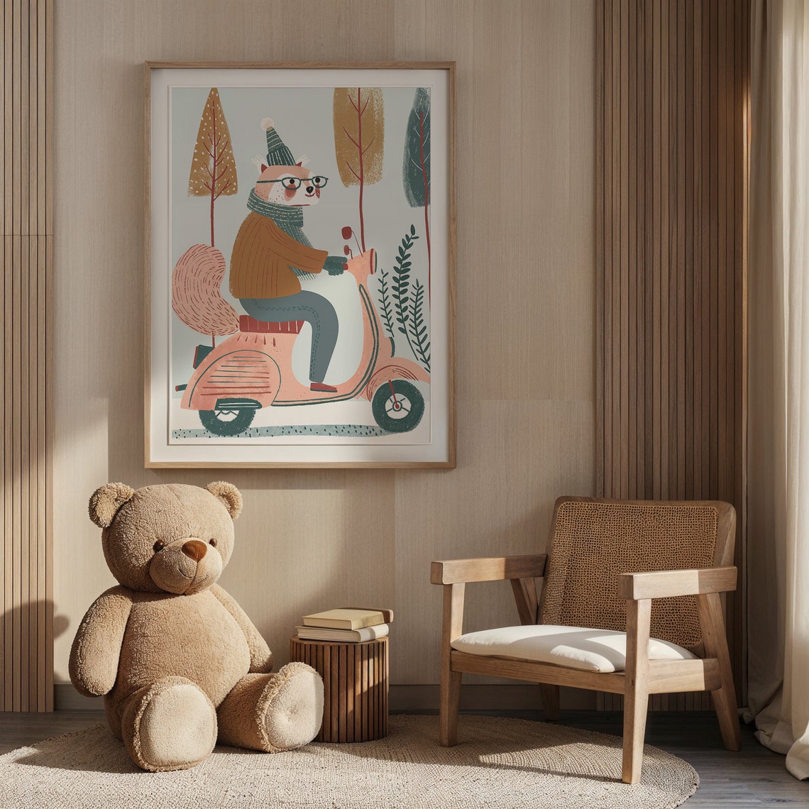 Fox Riding Pink Scooter Nursery Poster Glasses Hat Playful Kids Art