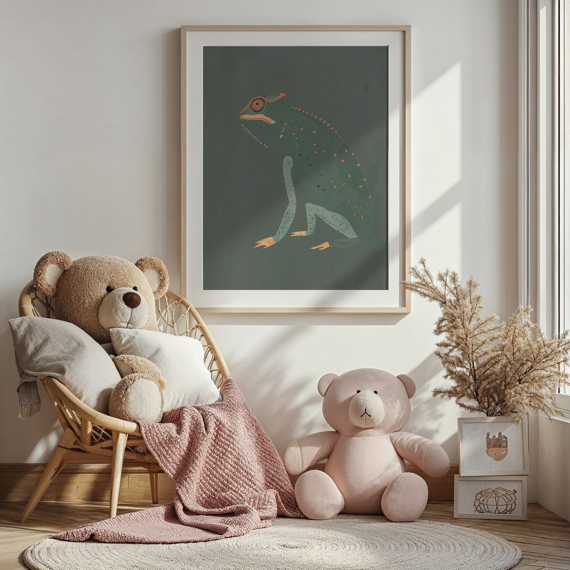 Chameleon With Orange Spots On Forest Green Kids Reptile Art Poster - Image 5