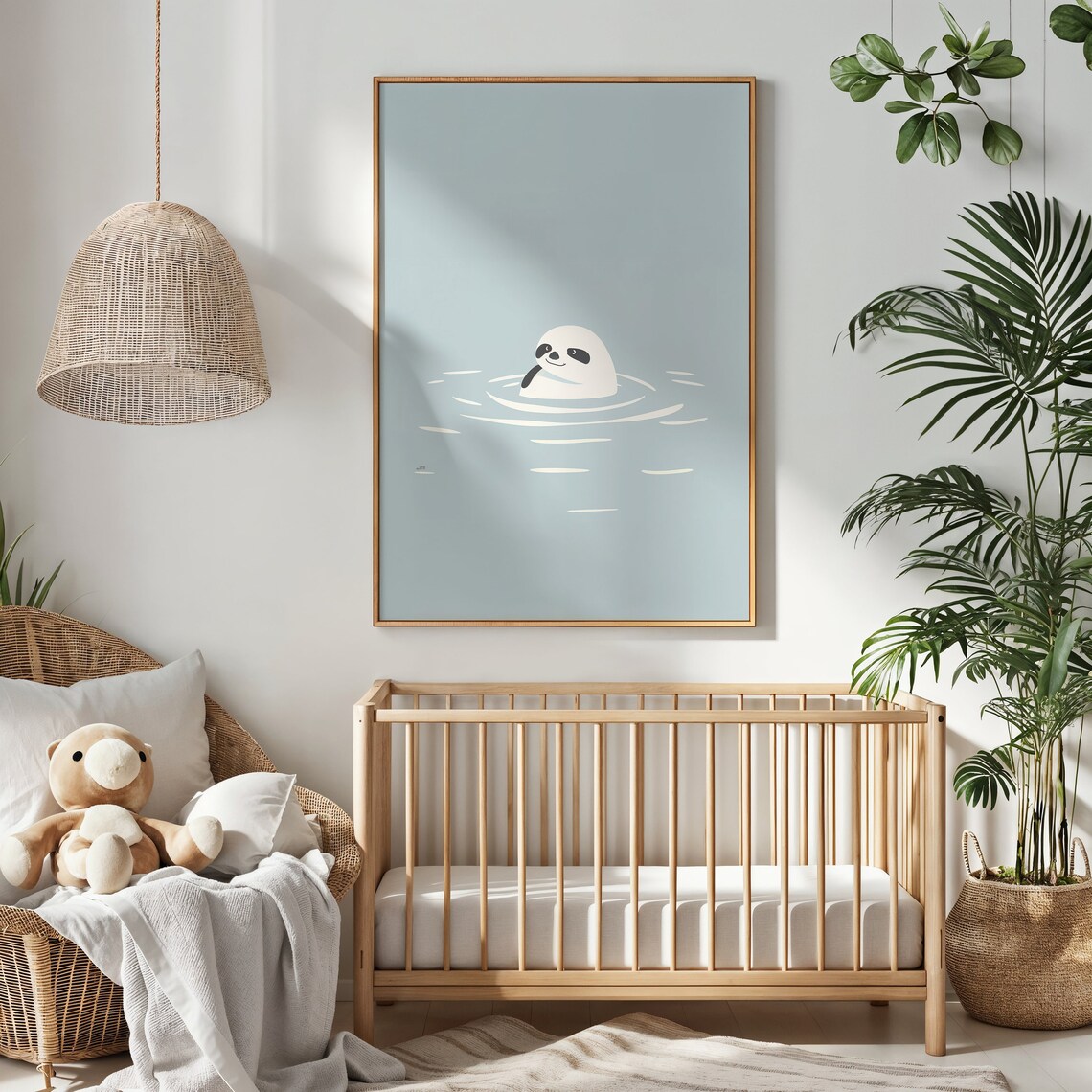 Minimalist Swimming Sloth Blue Water Ripple Nursery Kids Room Art Poster - Image 2