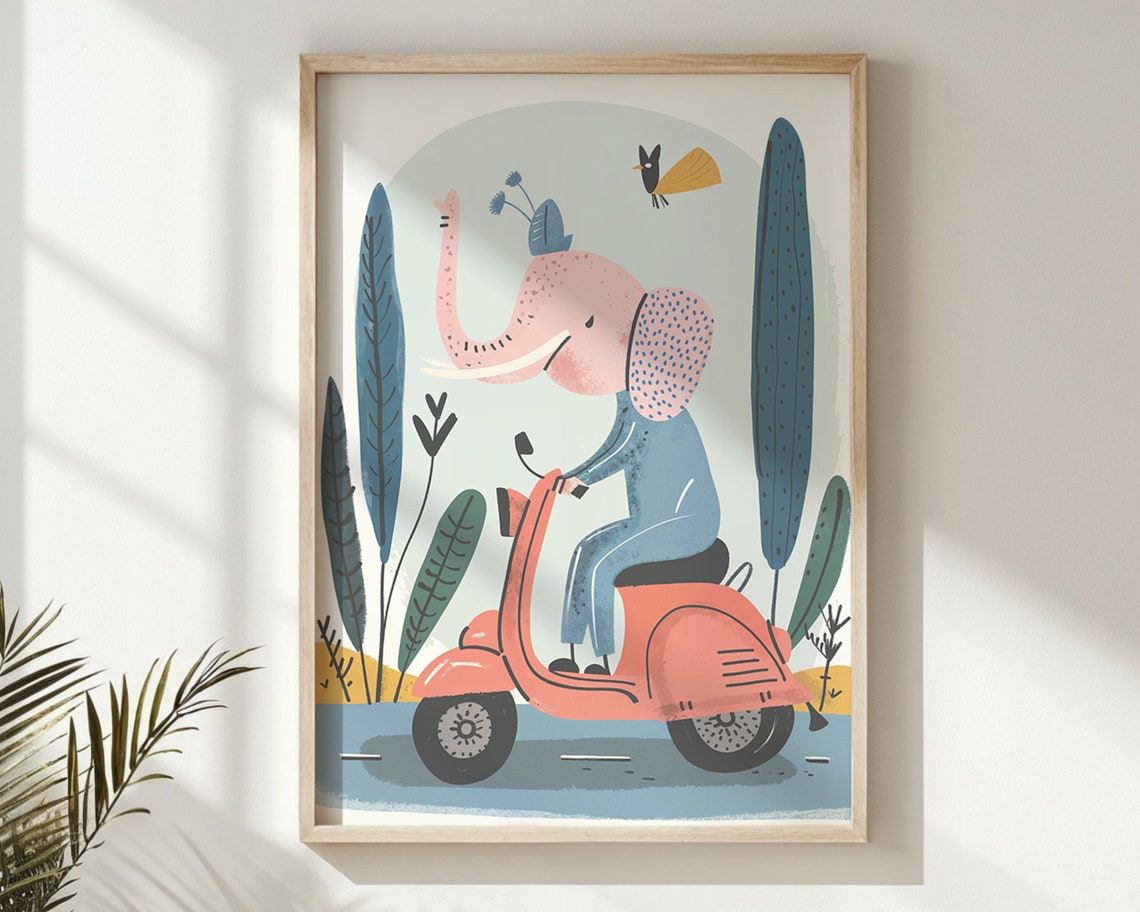 Elephant Riding Red Scooter Nursery Poster Playful Kids Bedroom Art