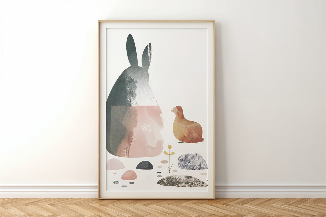 Abstract Bunny Silhouette With Orange Hen Minimal Modern Art Print