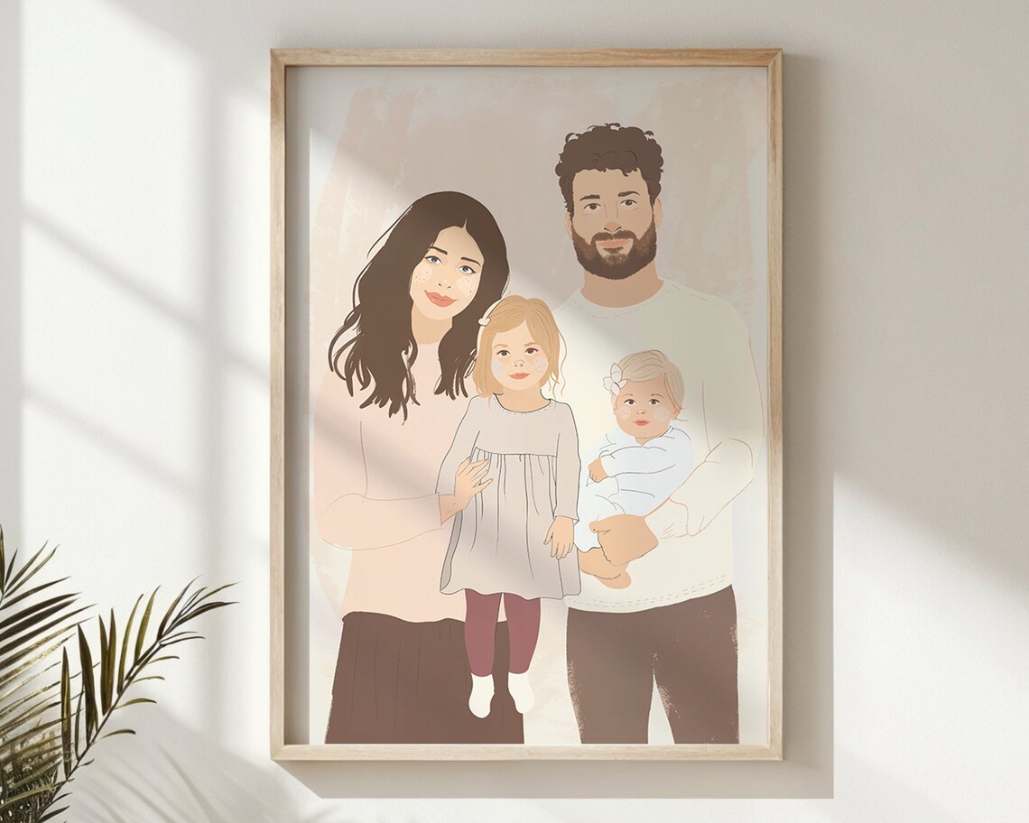 Family Of Four Minimalist Portrait Mom Dad Baby Daughter Neutral Print - Image 5