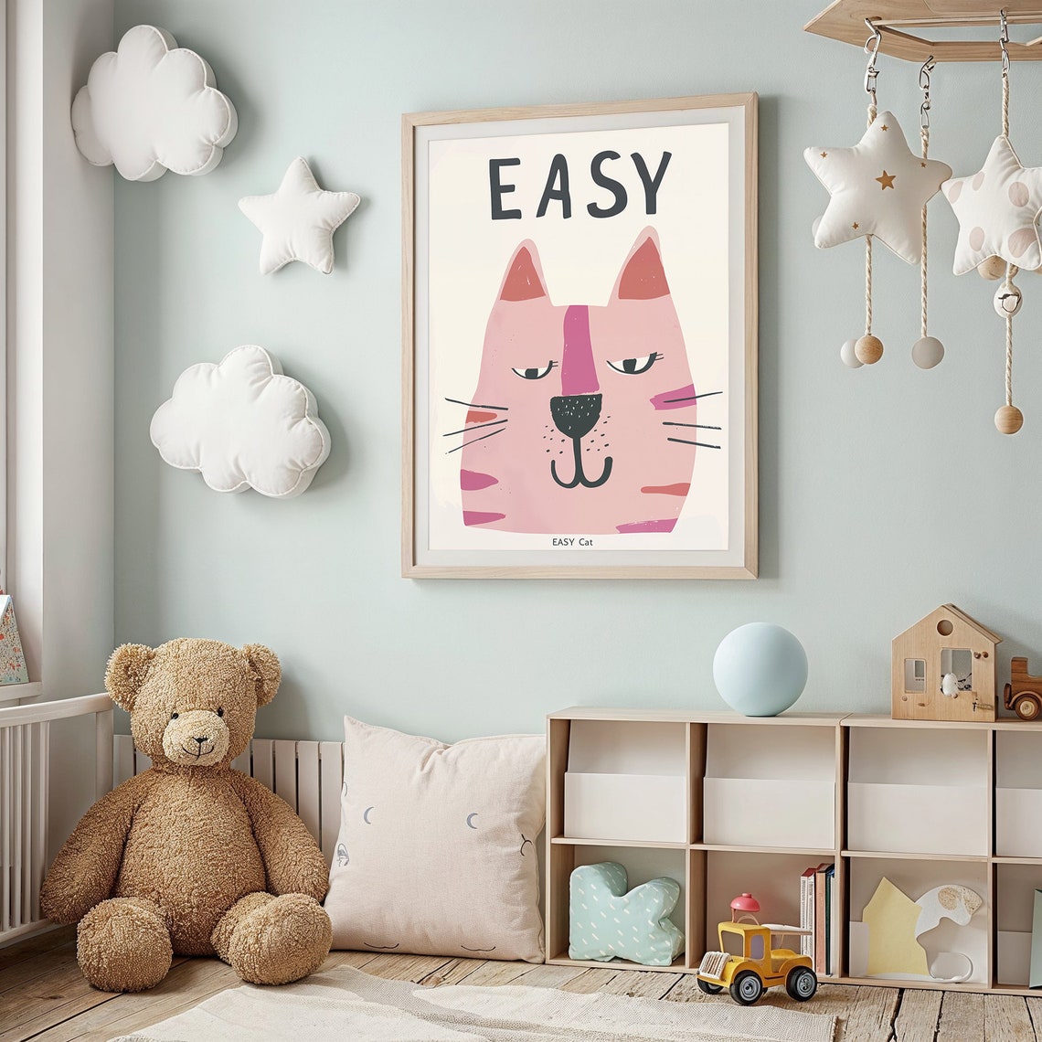 Pink Easy Cat Face Modern Kids Room Animal Illustration Wall Poster - Image 3