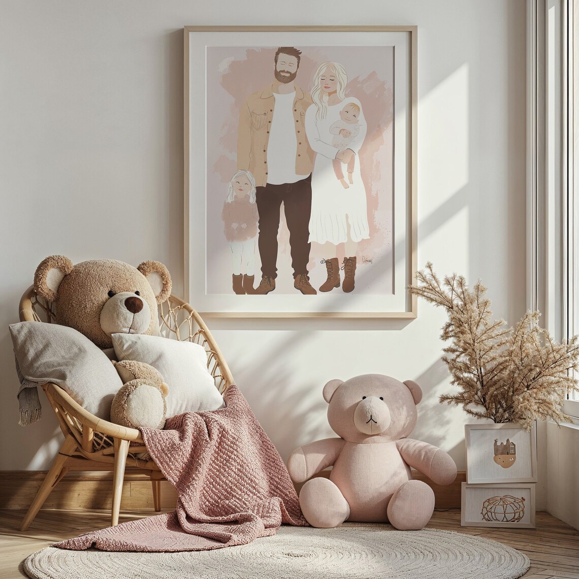 Family Of Four Watercolor Portrait Blush Neutral Custom Wall Art - Image 4