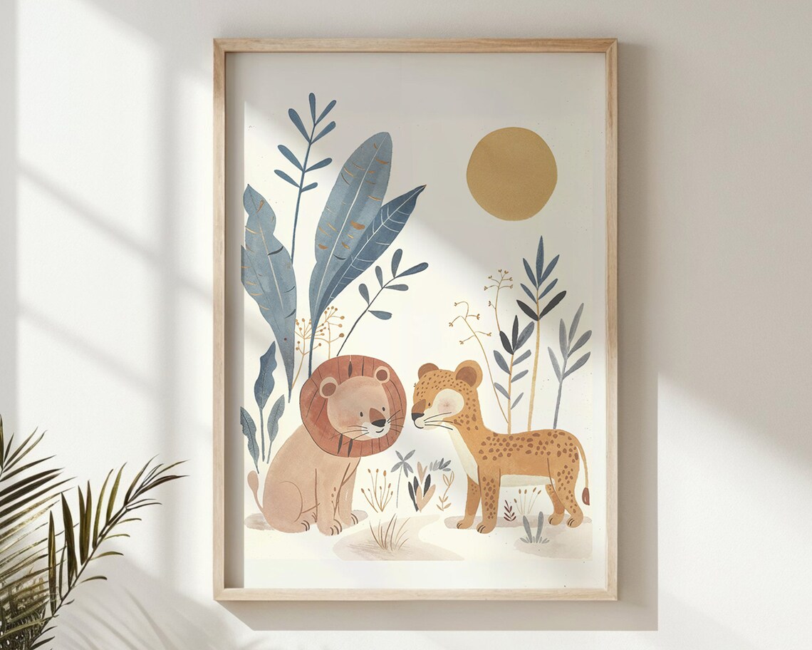 Lion And Cheetah Safari Nursery Poster Sun Leaves Kids Room Art - Image 6