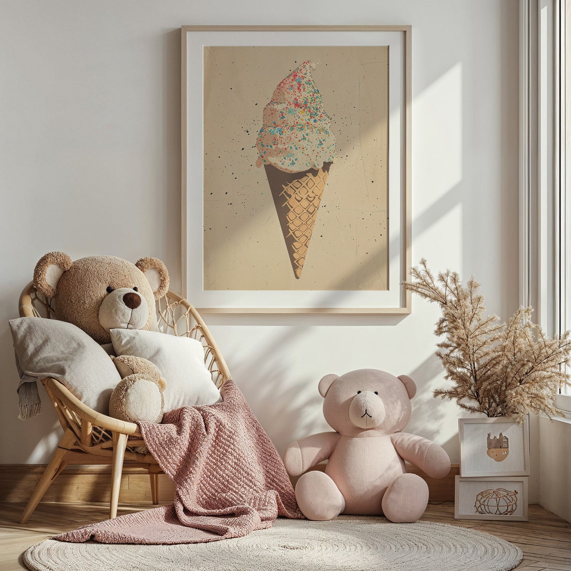 Retro Pink Ice Cream Cone Rainbow Sprinkles Soft Serve Nursery Poster - Image 2