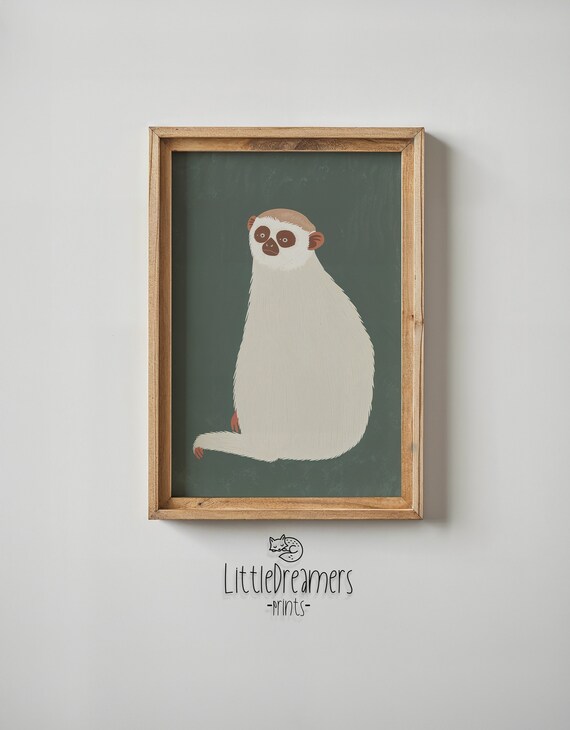 Sloth Cream Illustration On Forest Green Minimalist Kids Animal Poster