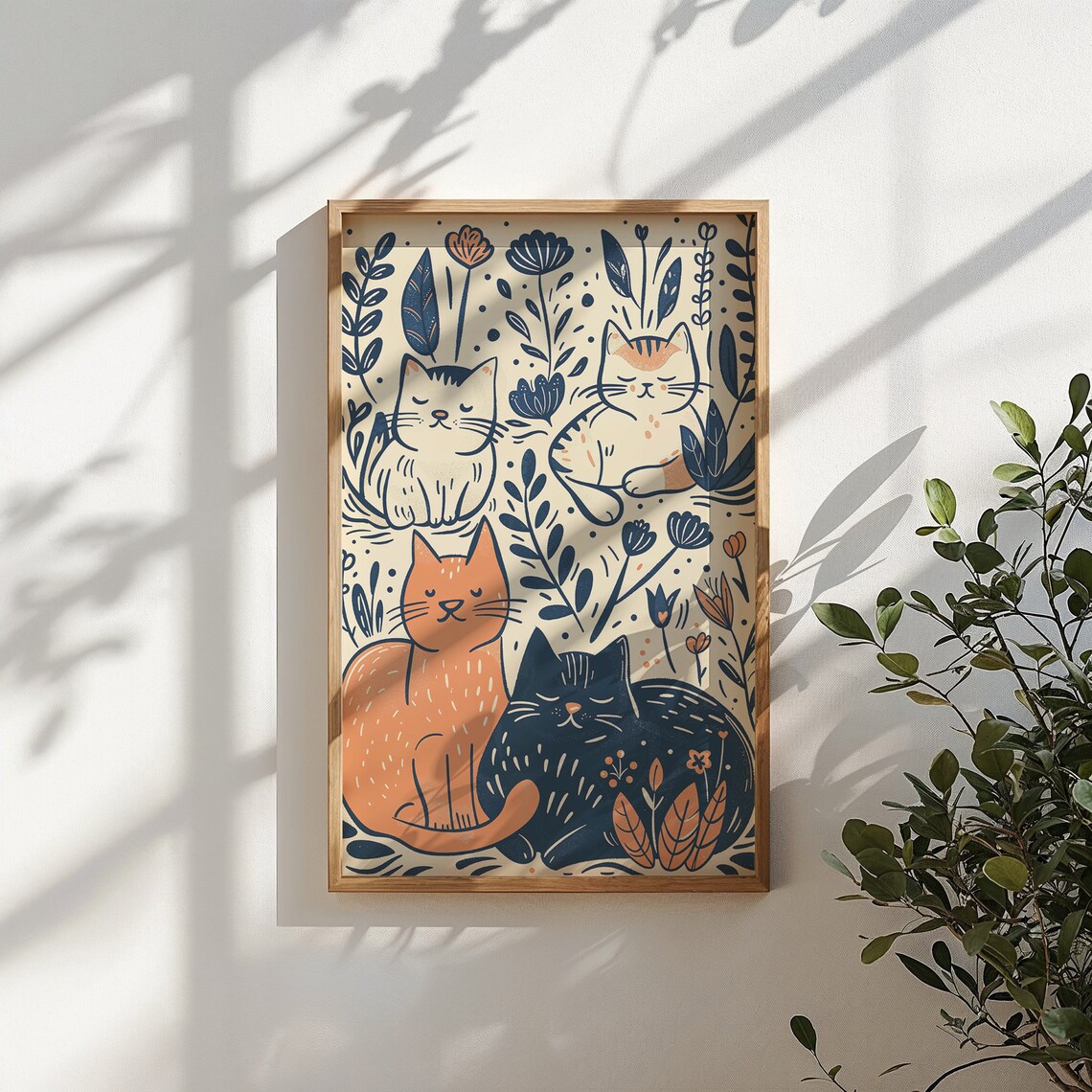 Four Cats Botanical Floral Illustration Whimsical Kids Room Wall Art Poster - Image 5