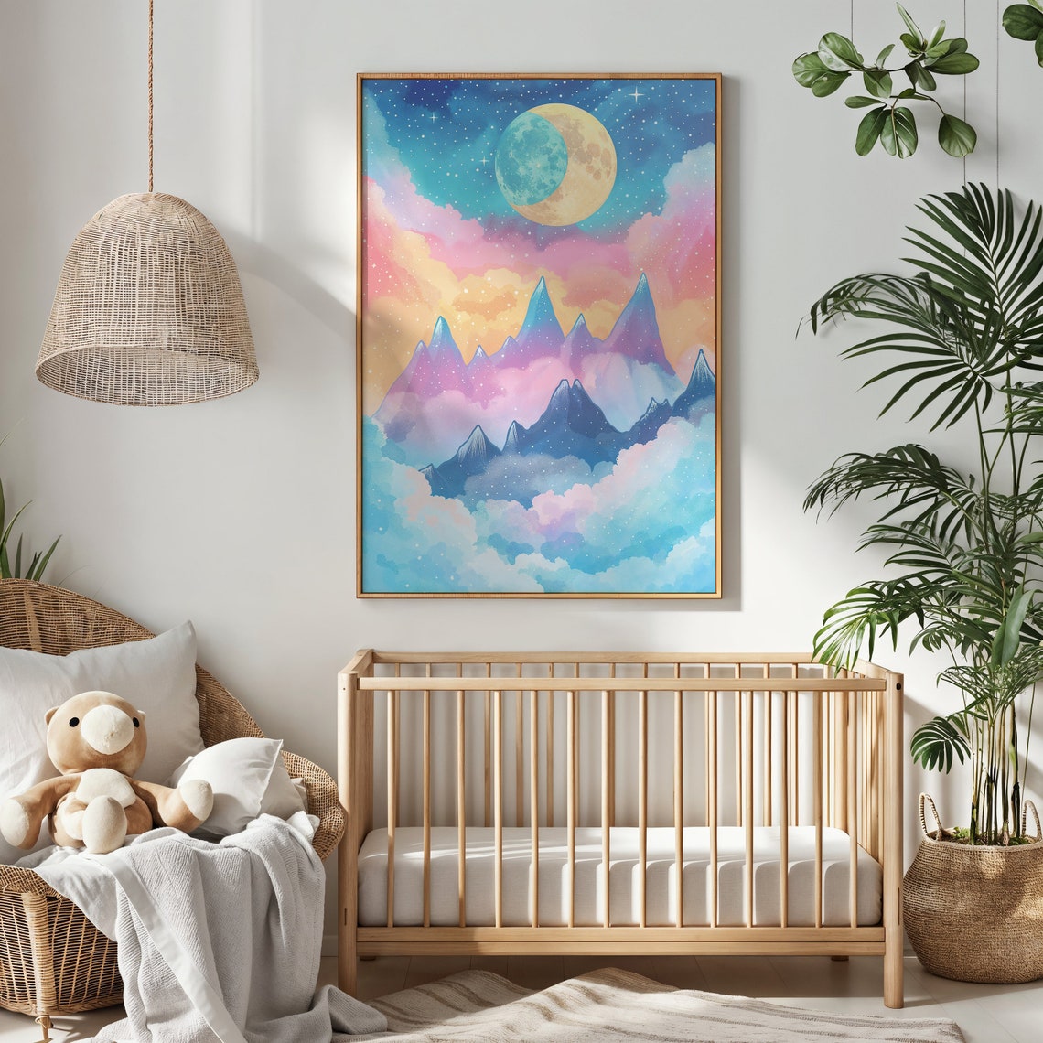 Moonlit Mountain Landscape Nursery Wall Art Kids Room Poster Fantasy Scenery Decor Dreamy Night Sky Gift - Image 3