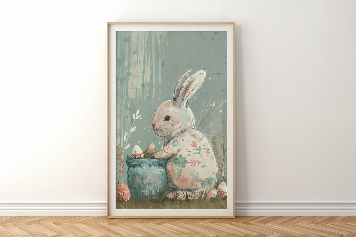Easter Bunny Art Print, Nursery Spring Rabbit With Eggs - Image 6