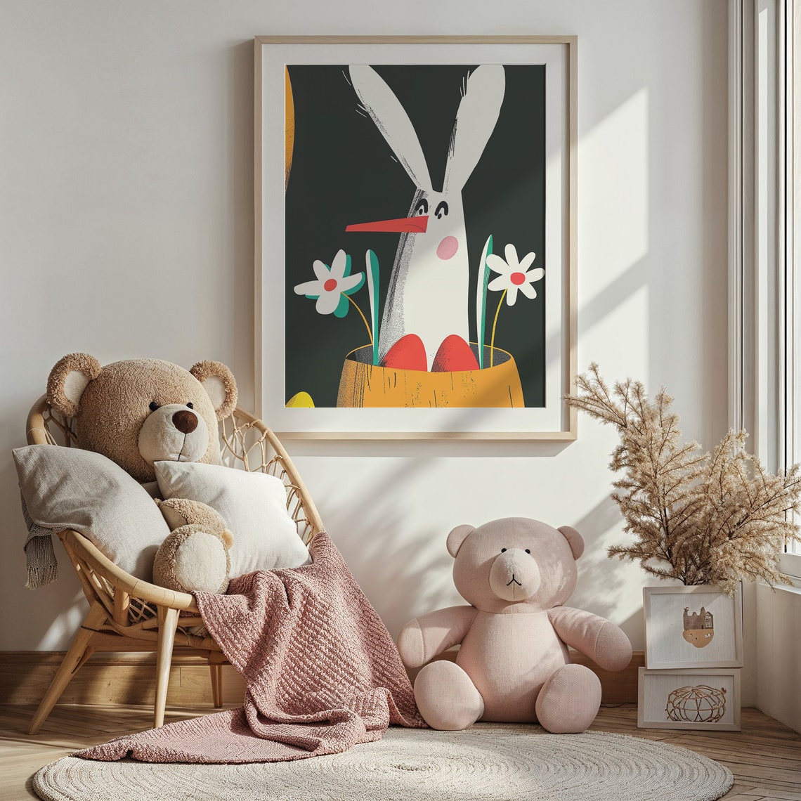 Playful Bunny Peeking Easter Basket Flowers Bold Cartoon Poster - Image 2