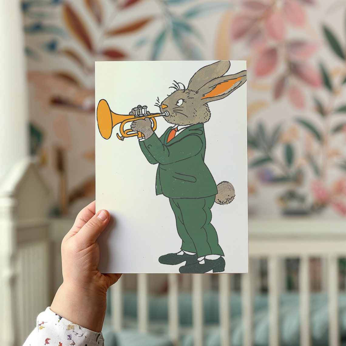 Bunny Playing Orange Trumpet Green Suit Kids Music Wall Art Poster - Image 2