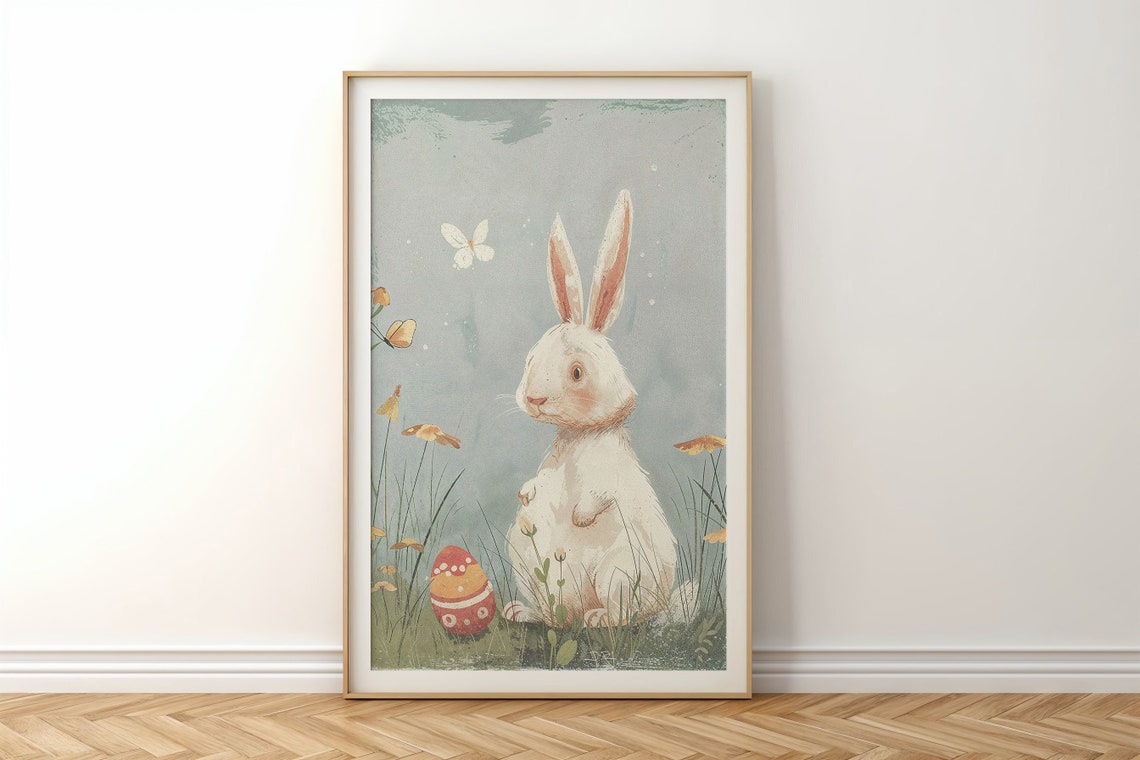 White Bunny Grassy Meadow Butterfly Vintage Easter Nursery Poster - Image 6
