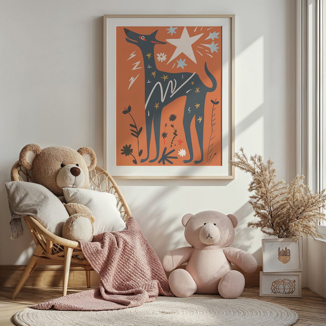 Bold Black Dog Orange Starry Sky Folk Art Animal Wall Poster - Image 4