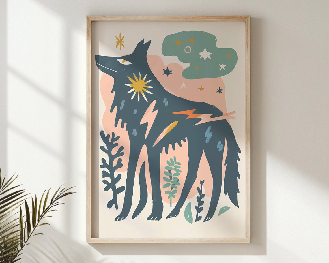 Midnight Wolf Stars Sun Medallion Folk Art Animal Wall Poster