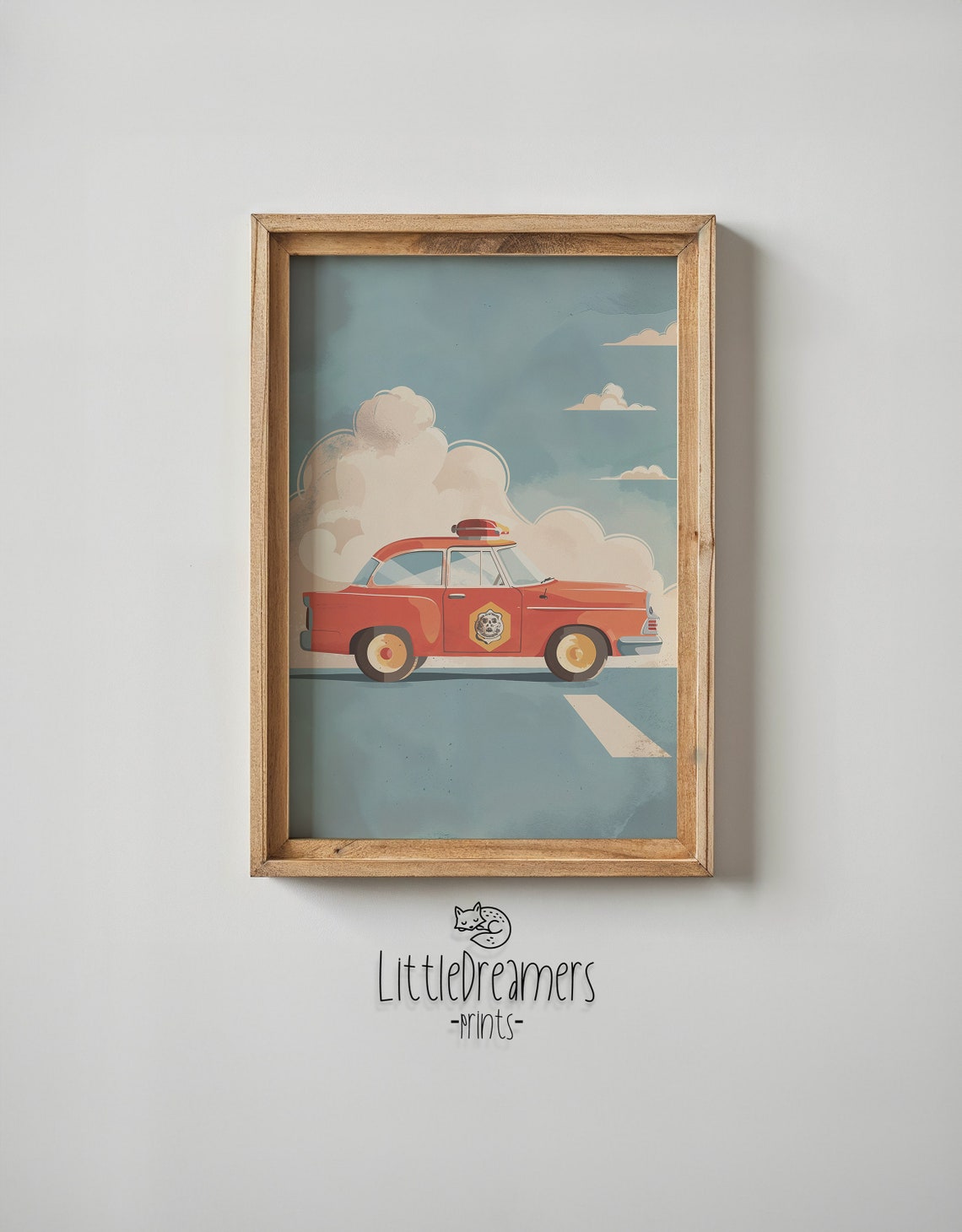Vintage Red Fire Chief Car Rooftop Light Nursery Boys Room Poster