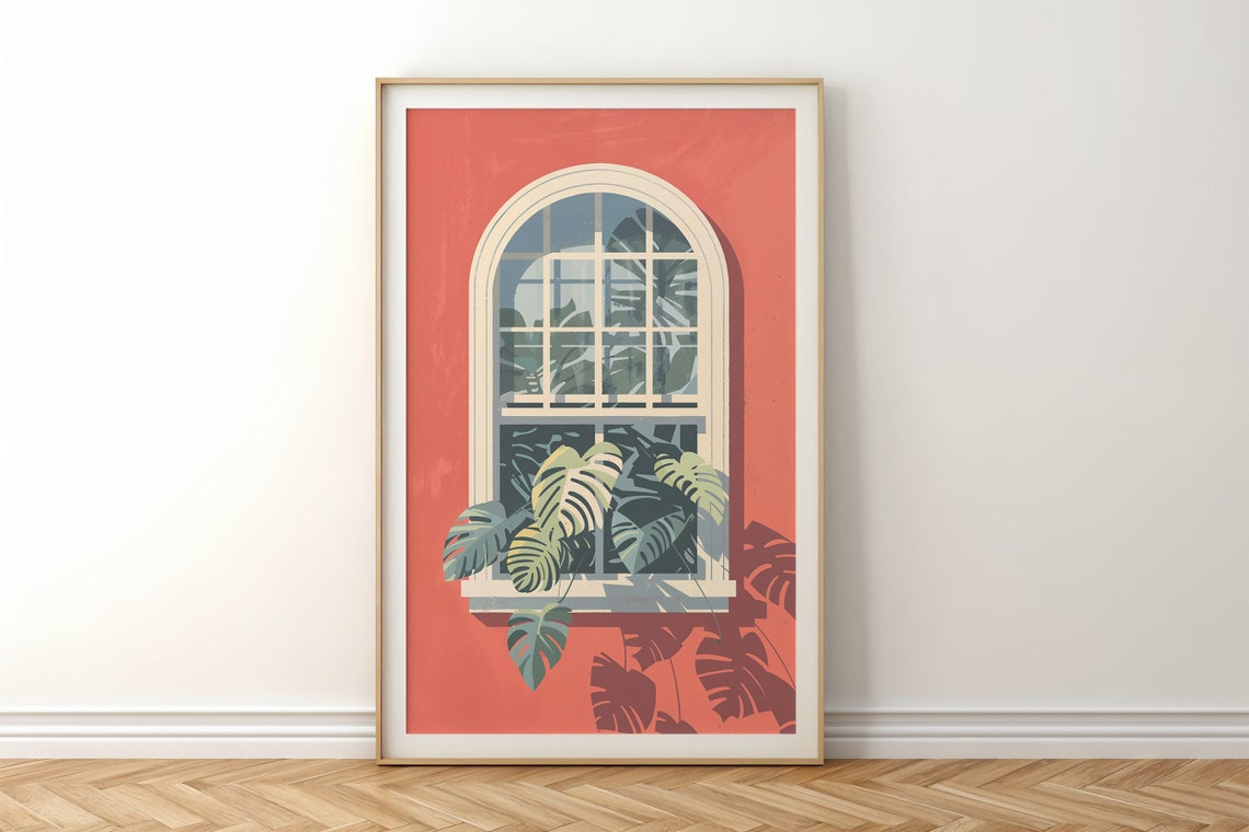 Monstera Leaves Arched Window Shadow Play Terracotta Botanical Poster - Image 4