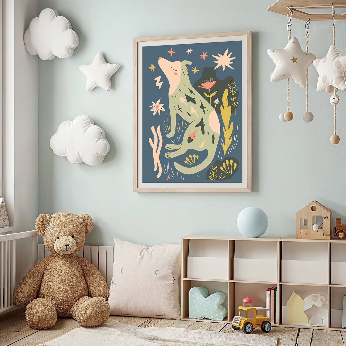 Howling Dog Night Stars Dreamy Celestial Folk Animal Wall Poster - Image 2