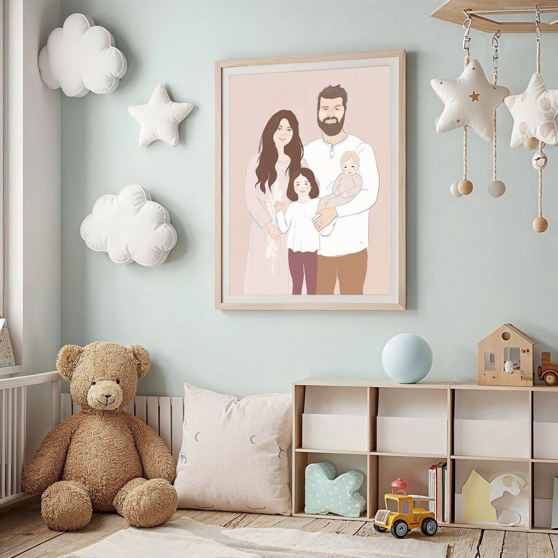 Family Of Four Line Art Portrait Mom Dad Baby Daughter Beige Wall Art - Image 2