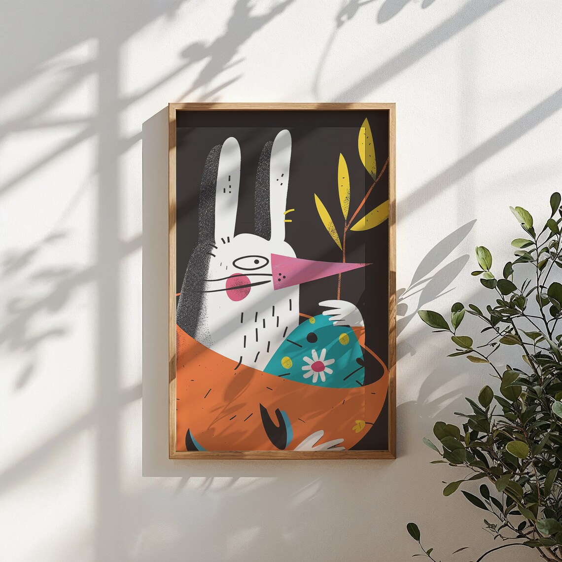 Quirky Bunny Peeking Orange Basket Blue Egg Bold Graphic Kids Room Poster - Image 3