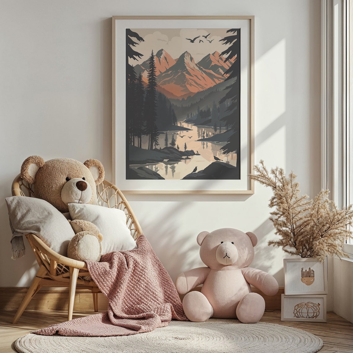 Serene Mountain Lake Pine Forest Birds Warm Sunset Wall Poster - Image 5
