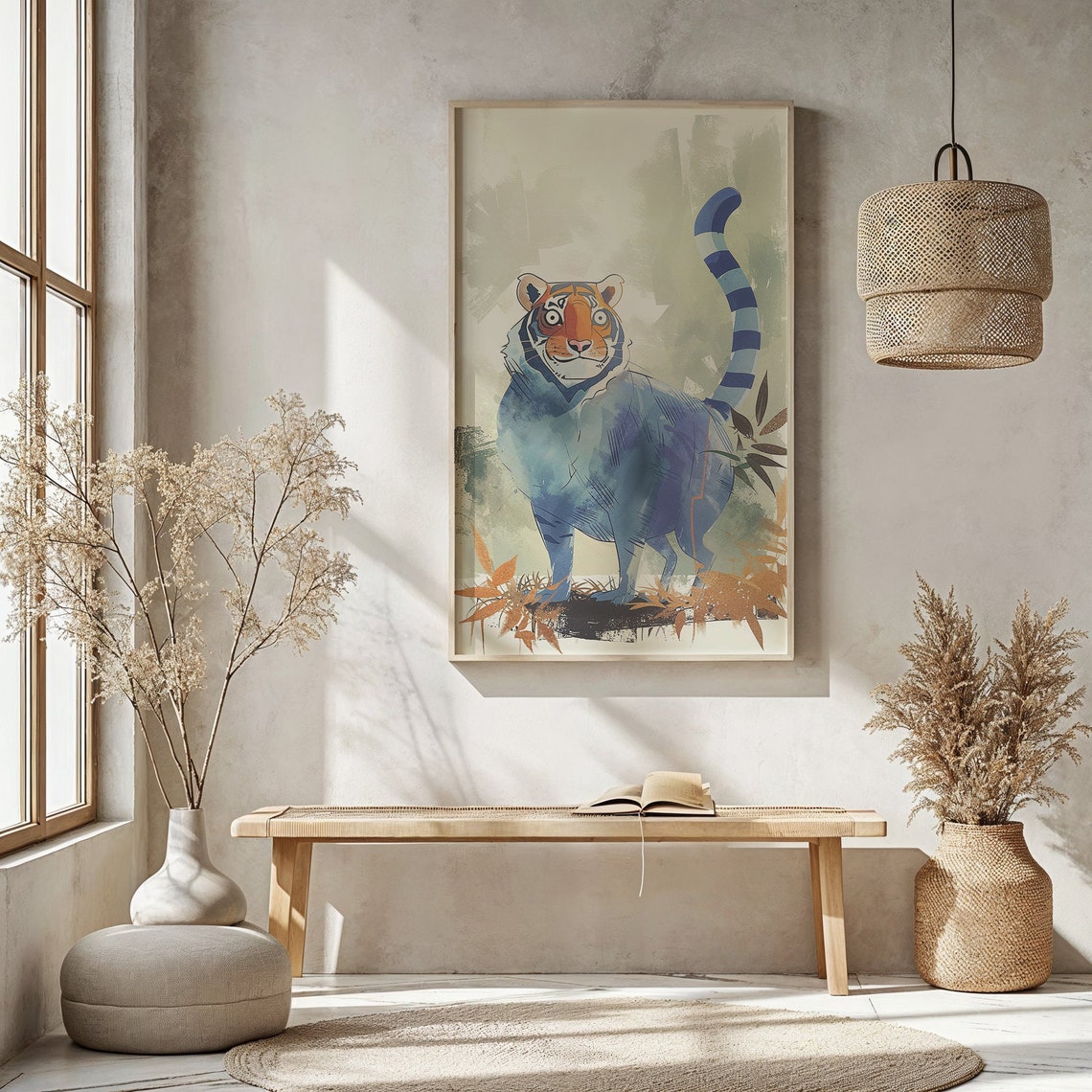 Whimsical Blue Tiger Watercolor With Orange Face Jungle Art Print - Image 5