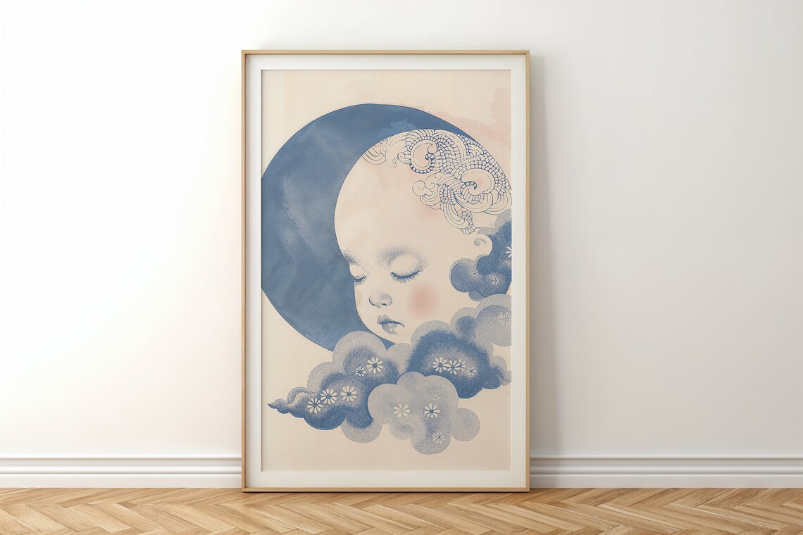 Dreamy Sleeping Baby Face On Blue Full Moon With Flower Clouds Poster - Image 5