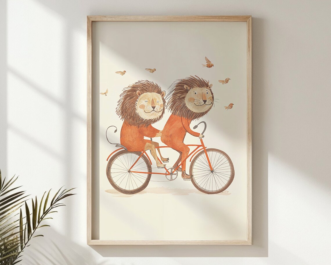 Two Happy Lions Riding Tandem Bicycle Watercolor Nursery Poster