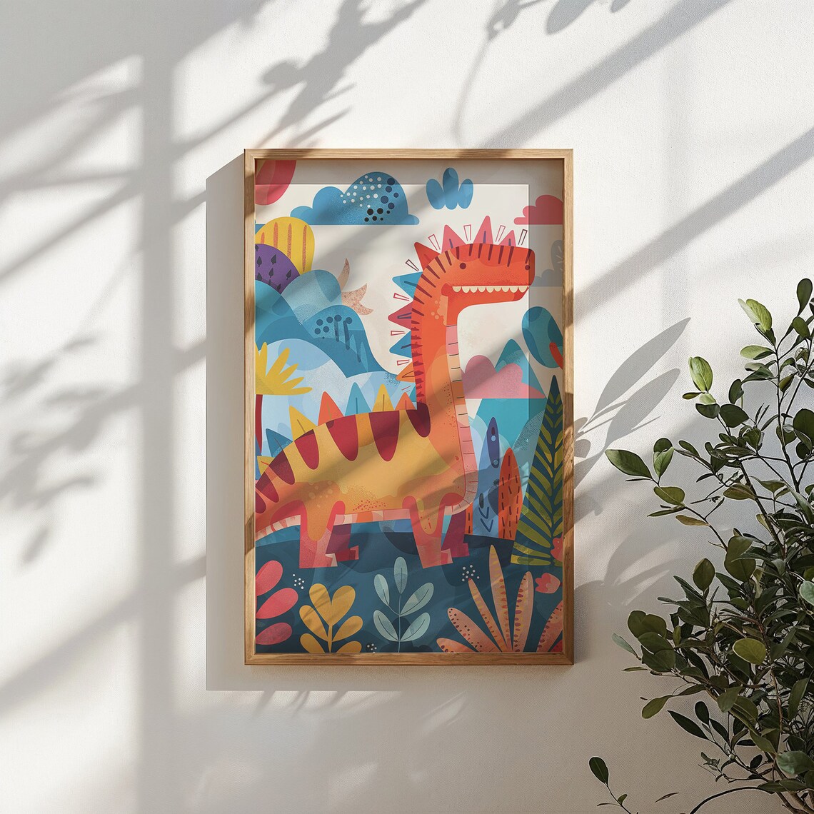 Cute Orange Spotted Dinosaur Jungle Scene Kids Room Nursery Poster - Image 4