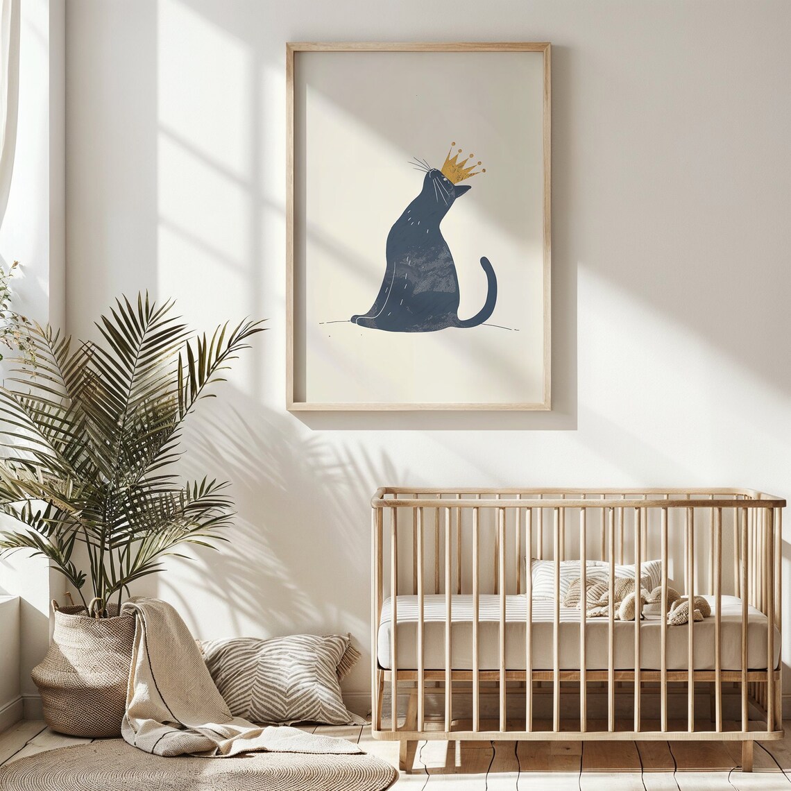 Navy Blue Cat Gold Crown Minimalist Cream Nursery Animal Wall Poster - Image 6