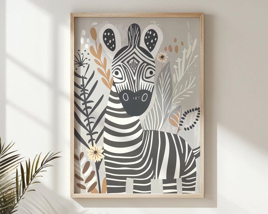 Zebra Safari Nursery Poster Folk Art Black White Botanical Kids Print