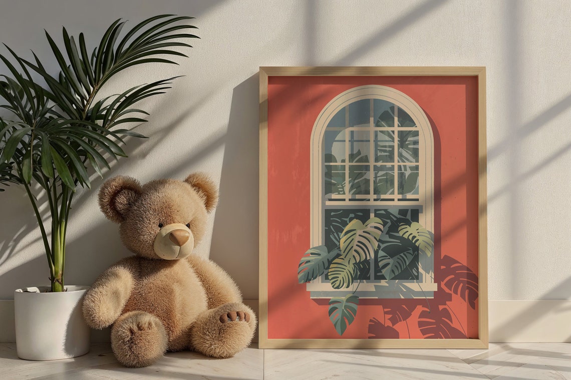 Monstera Leaves Arched Window Shadow Play Terracotta Botanical Poster - Image 6