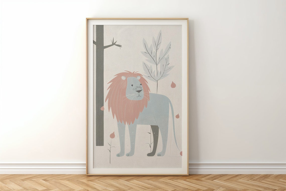 Pastel Lion With Dusty Rose Mane Minimalist Nursery Wall Art Poster - Image 6