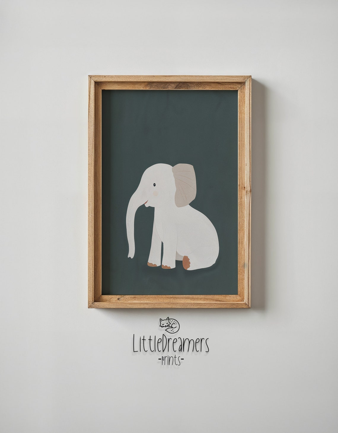 Baby Elephant Cream Illustration On Forest Green Nursery Safari Poster - Image 5