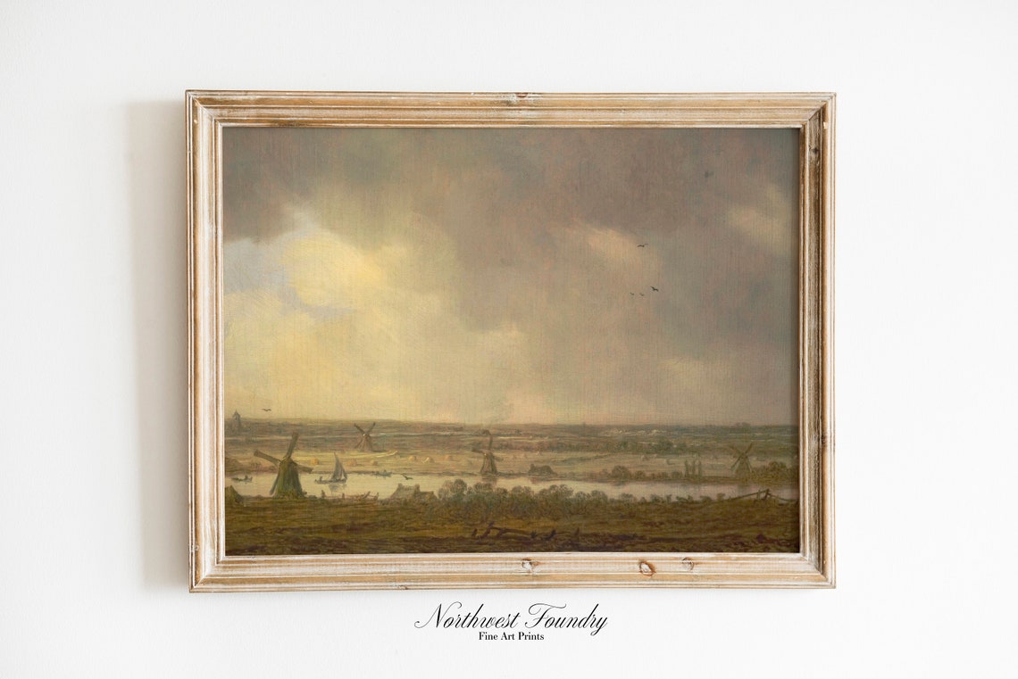 Dutch Polder Windmill Landscape Antique Earth Tone Oil Painting Poster - Image 3