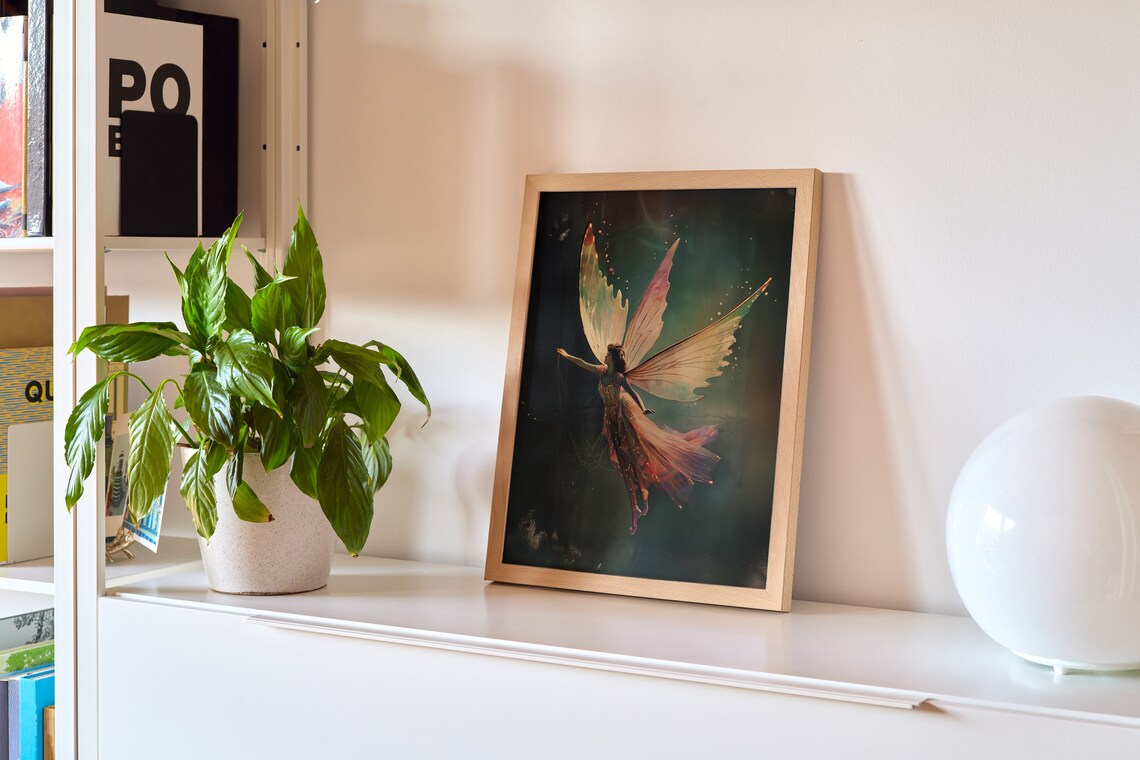 Ethereal Iridescent Fairy in Flight Dark Teal Vintage Postcard Poster - Image 3