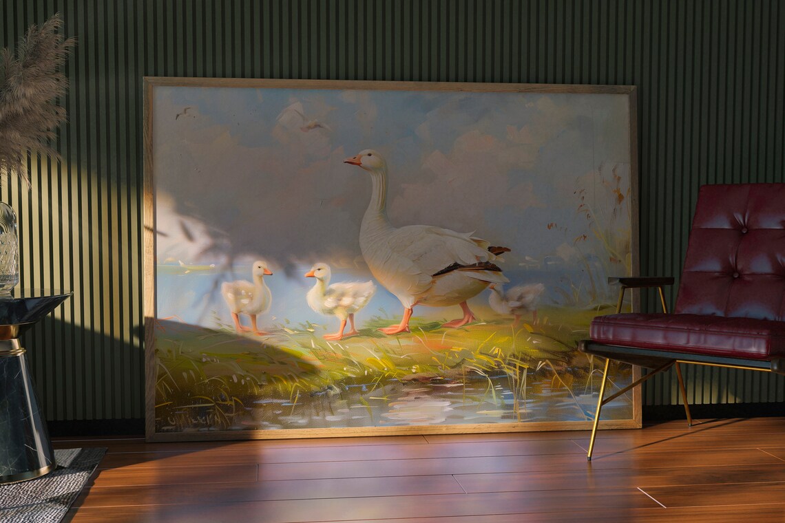 Mother Goose and Goslings Vintage Spring Pond Pastel Oil Painting Poster - Image 2