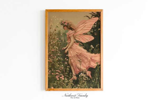 Pink Fairy in Blooming Flower Field Vintage Fairytale Postcard Poster