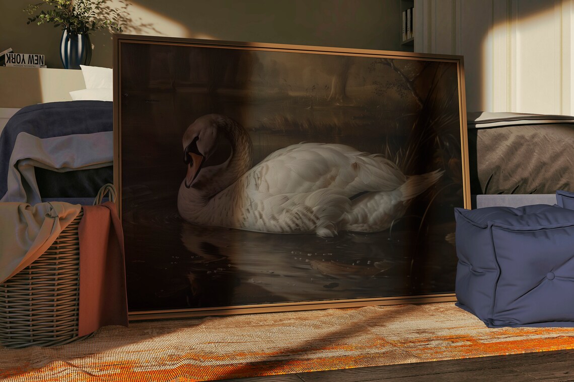 White Swan Gliding on Dark Water Moody Elegant Bird Painting Poster - Image 2