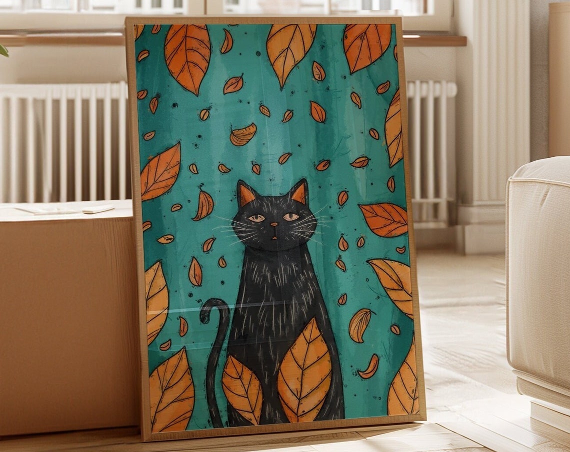 Black Cat With Falling Autumn Leaves Teal Fall Season Cat Poster