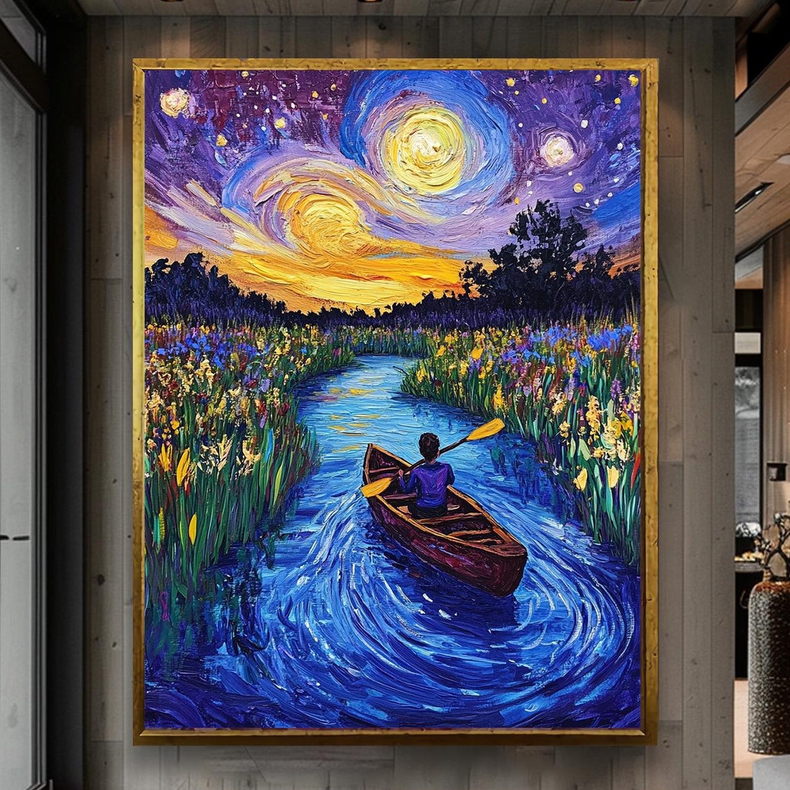 Wall Art Starry Night River Landscape With Canoe Vibrant Nature Painting Impressionist Artwork For Living Room Bedroom Or Office