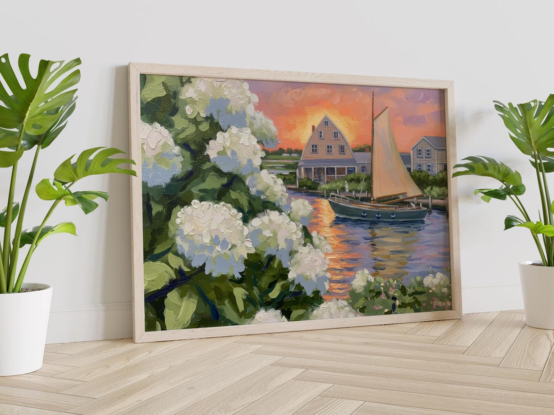 Nantucket Harbor Sunset White Hydrangeas Sailboat Coastal Poster