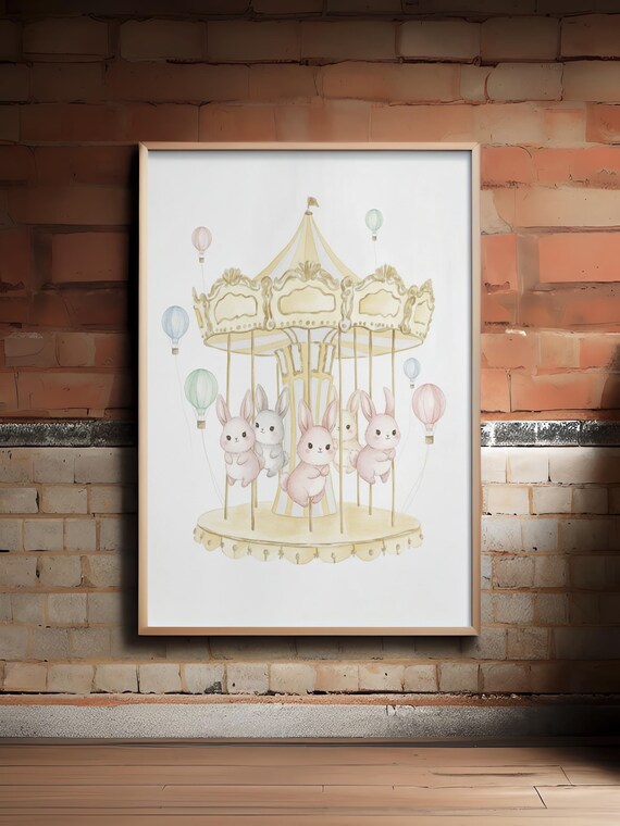 Cute Watercolor Bunnies Carousel Nursery Room Decor Art Poster