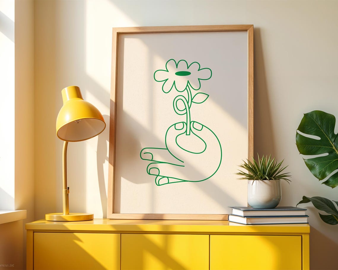 Green Line Art Hand Holding Flower Minimalist Botanical Poster - Image 4