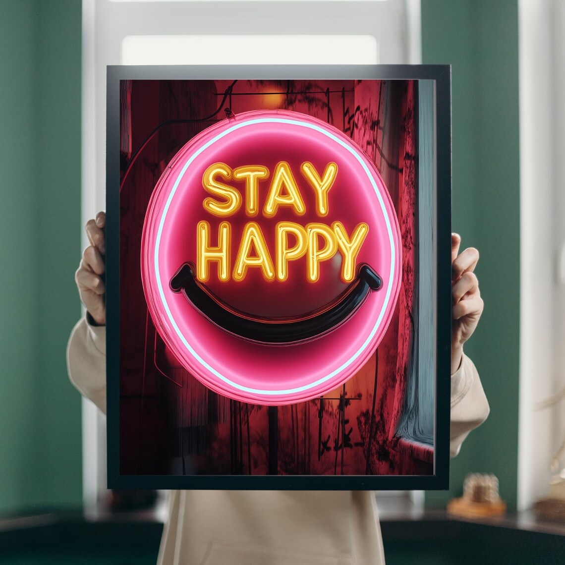 Stay Happy Neon Sign Smiley Face Pink Yellow Light Art Poster
