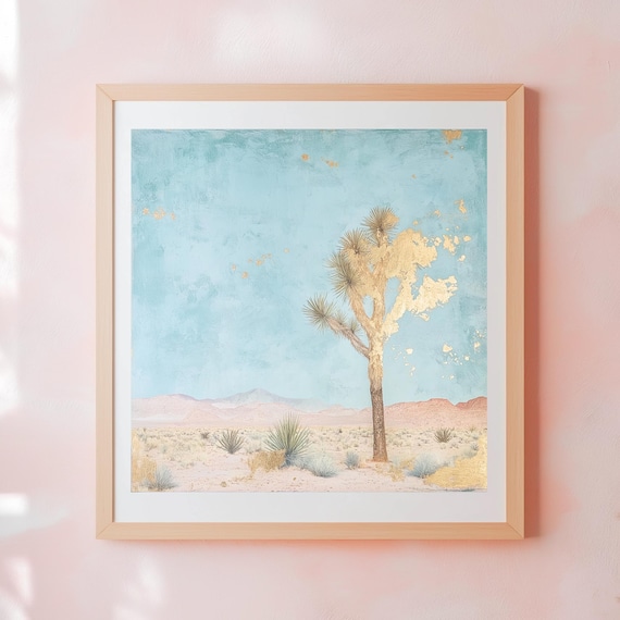Joshua Tree Desert Turquoise Sky Gold Leaf Landscape Art Poster